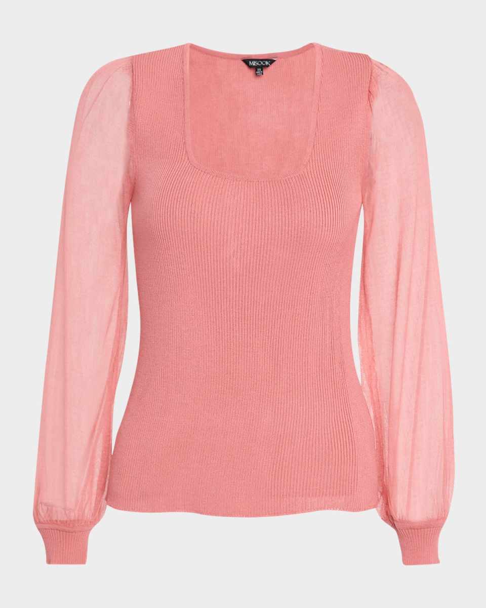 Sheer-Sleeve Ribbed Knit Top